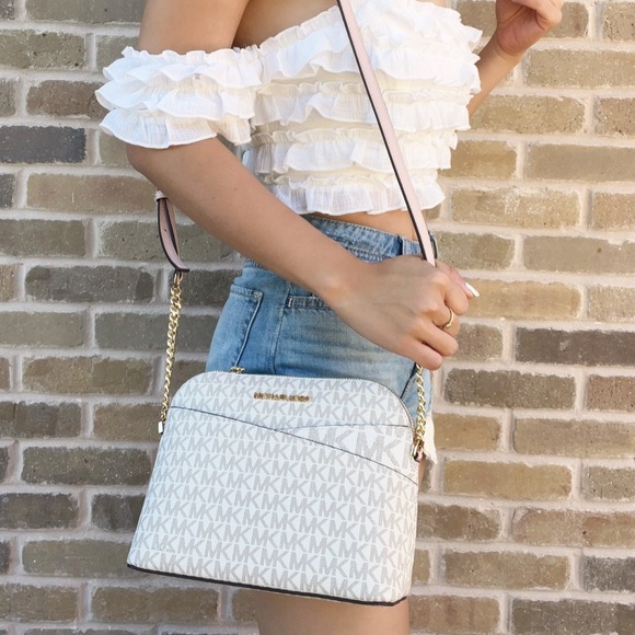 Michael Kors Jet Set Medium Dome Crossbody Vanilla Signature Powder Blush Pink - Picture 2 of 7